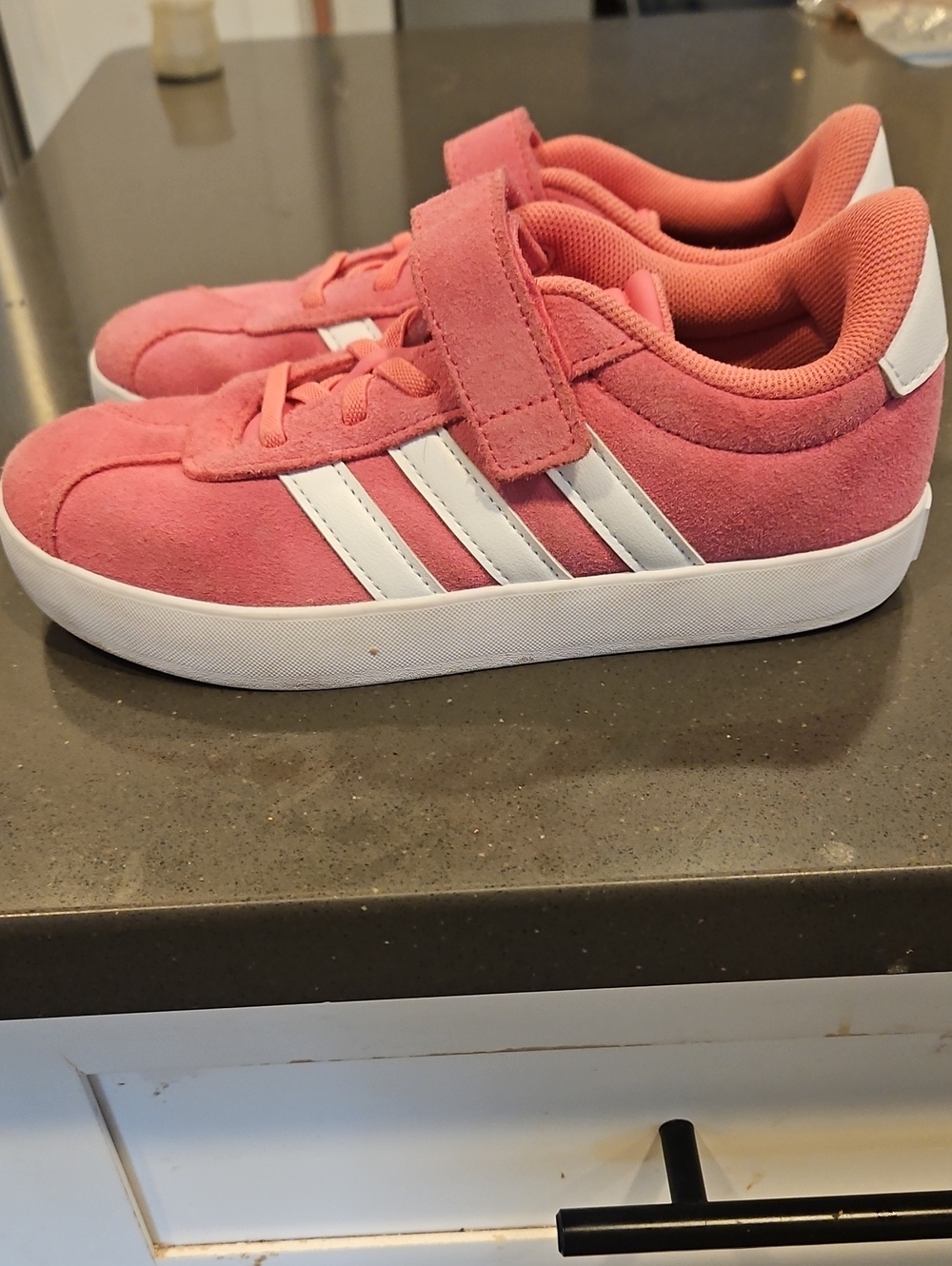 adidas Kids Pink Suede Velcro Sneakers with White Stripes